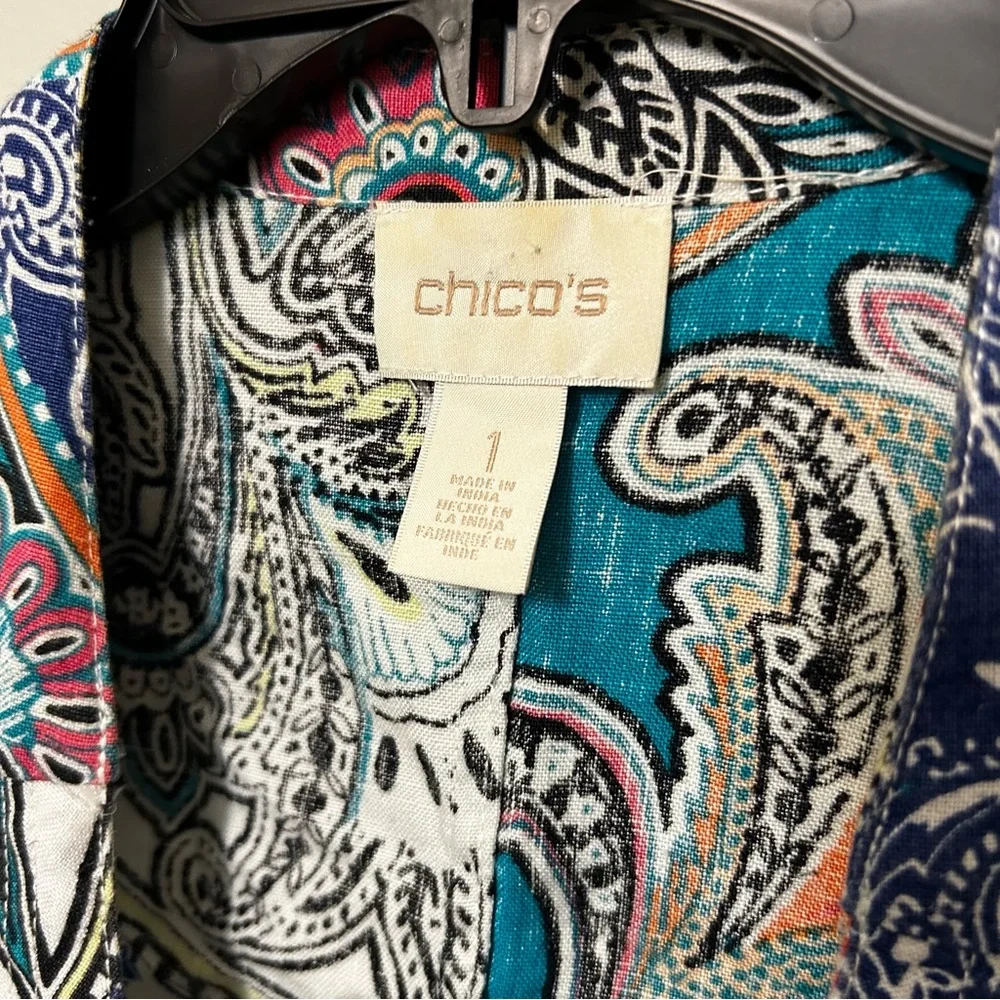 Chicos Linen Jacket Womens 1 US Blue Paisley Open‎ Front 3/4 Sleeves Lagenlook